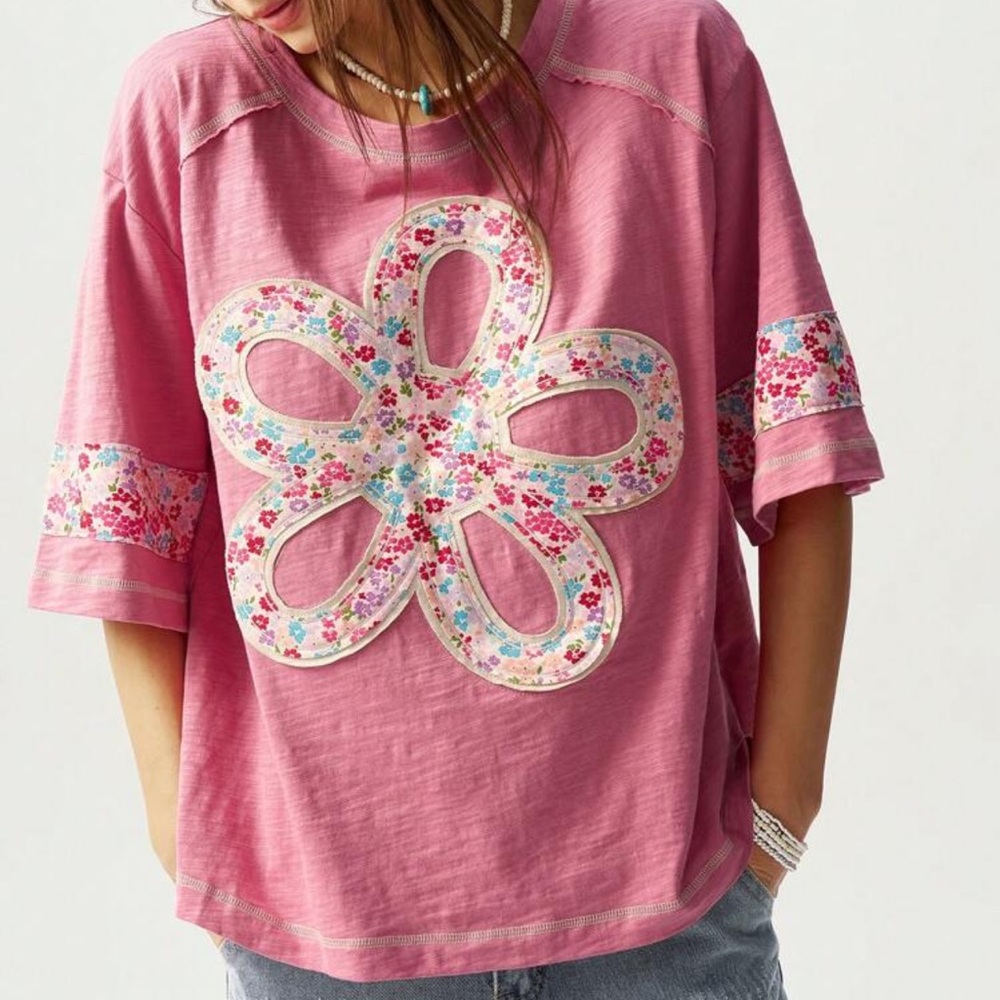 Bohemian Pink Floral Patch Flower Top S M L XL XXL